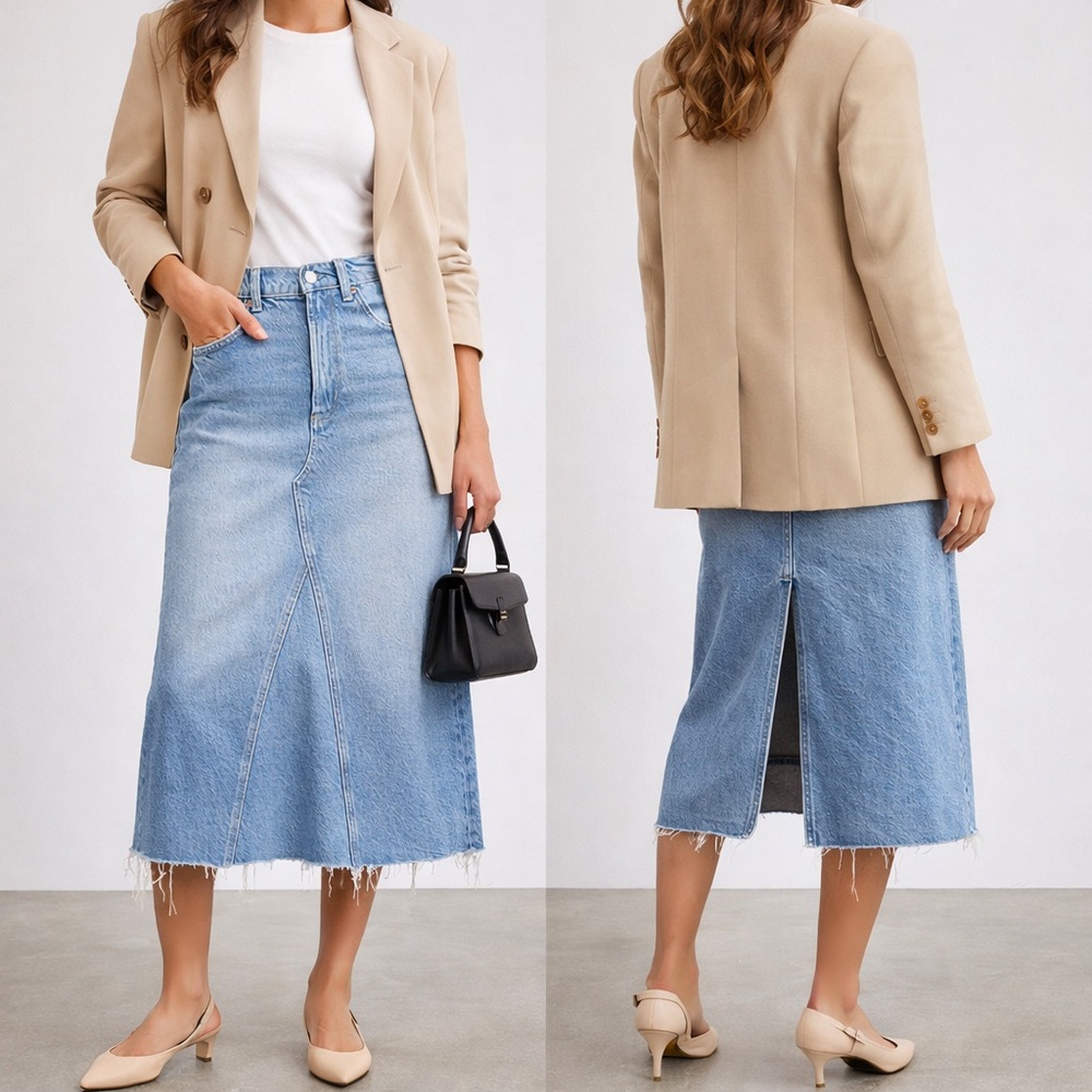 Rails Highland Denim Midi Skirt Vintage Sapphire Raw Hem High Rise Size 32 $188